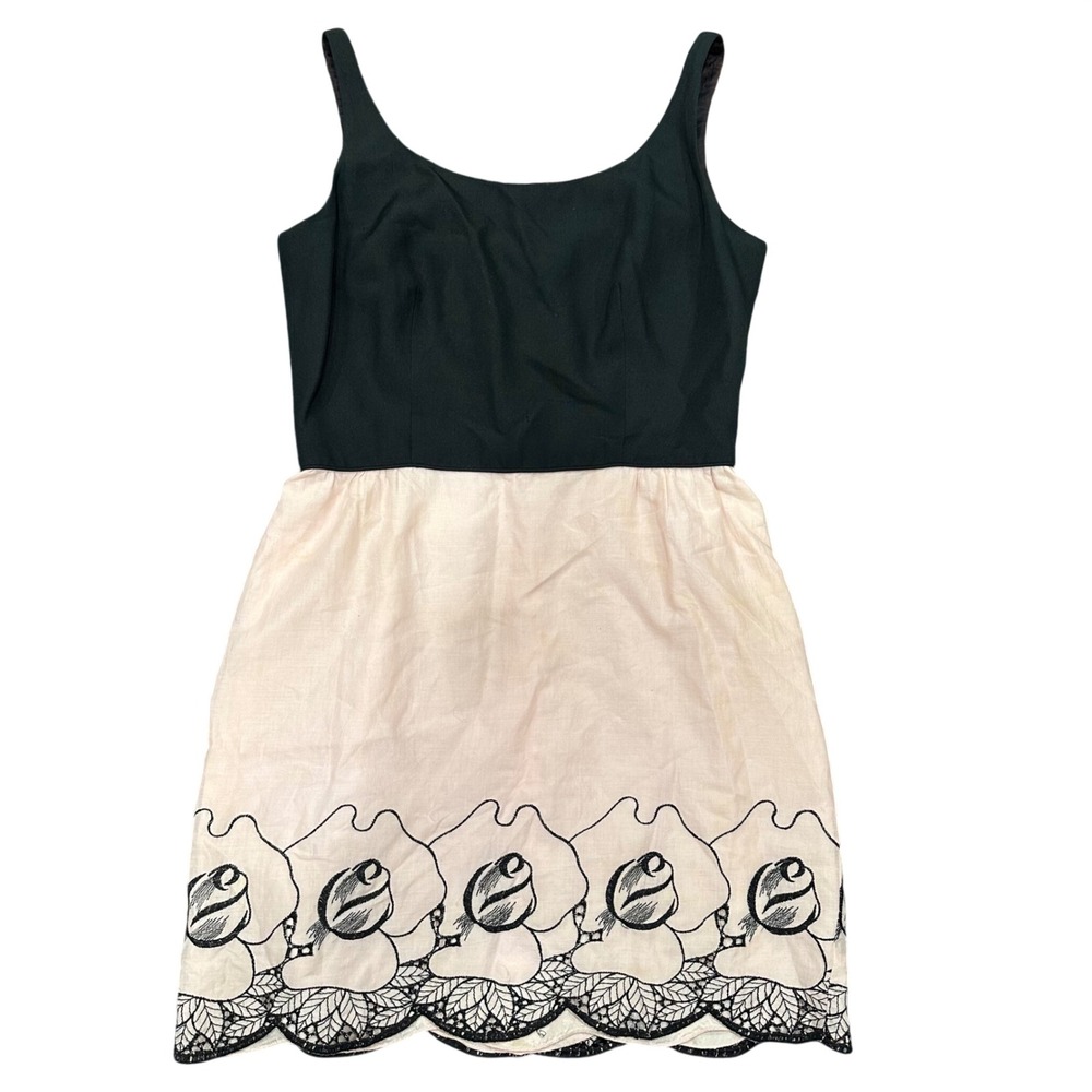 VNTG Anna Sui  Black Pink Colorblock Floral  Lace Mini Dress Size XS